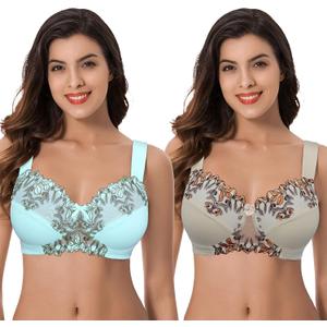 Curve Muse Women's Plus Size Minimizer Wireless Unlined Bra with Embroidery Lace (36D, Nude,blue Light(2 Pack))
