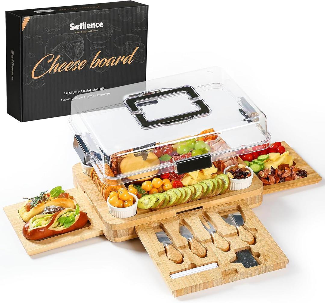 Charcuterie Board with Drawer, Bamboo Cheese Board Set with Locking Lid & Utensils, Portable Serving Tray, Unique Housewarming Gifts, Wedding Gifts for Couples, Birthday Gifts for Women (10.8" x 14.8" x 2", 3 Drawers Black)