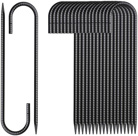 MSWY Rebar Stakes 12 Inch 20 Pack J Hook Ground Stakes Heavy Duty Chain Link Fence Stakes Galvanized Anchors Metal Tent Stakes for Wire Fencing Concrete Forming Trampolines Camping Canopies Shed Swing