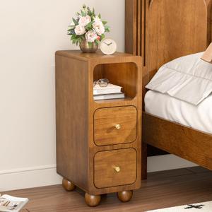 Narrow Nightstand, Small Tall Beside Table with 2 Drawers and Open Shelf, Walnut Solid Wood Night Stand, Mid Century Modern Nightstand for Bedroom (10 inch), 9.7x15x25.8 Inch