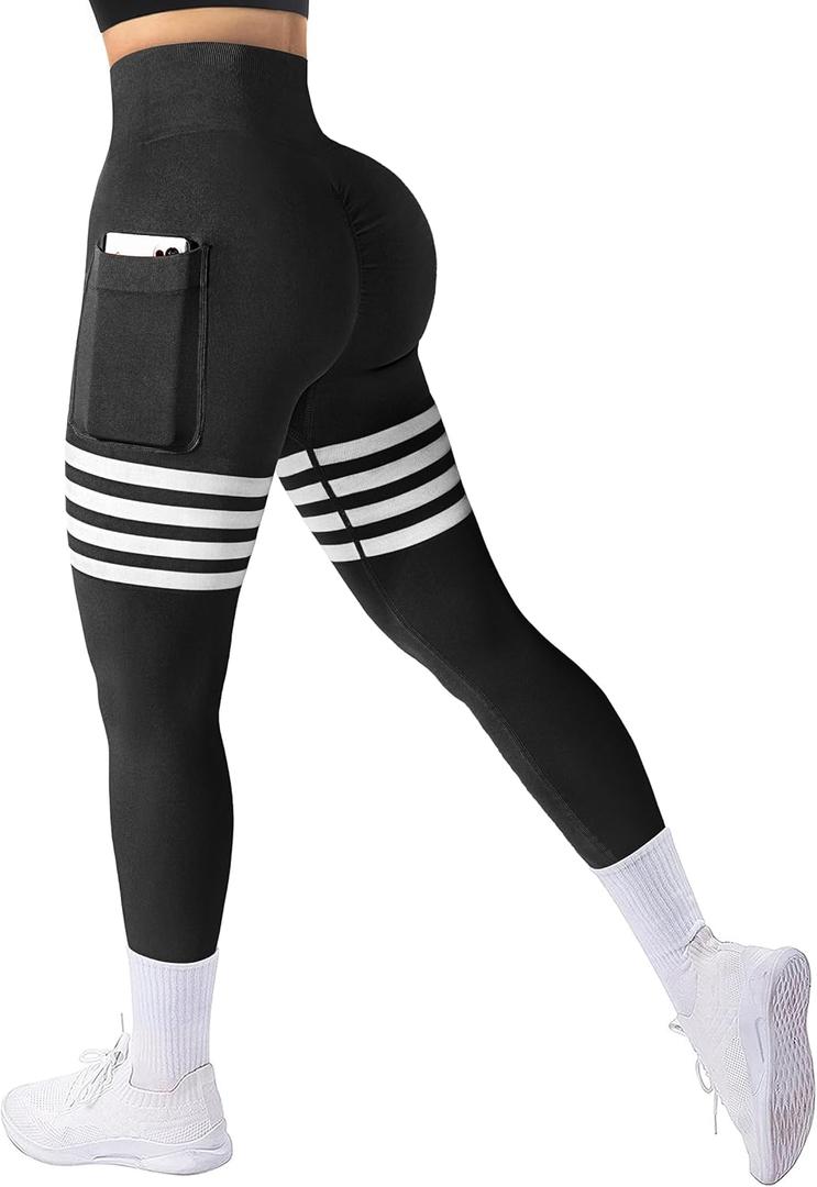 A AGROSTE Seamless Workout Leggings for Women Scrunch Butt Lifting Leggings Booty High Waisted Yoga Pants (1-black Side Pockets), Small