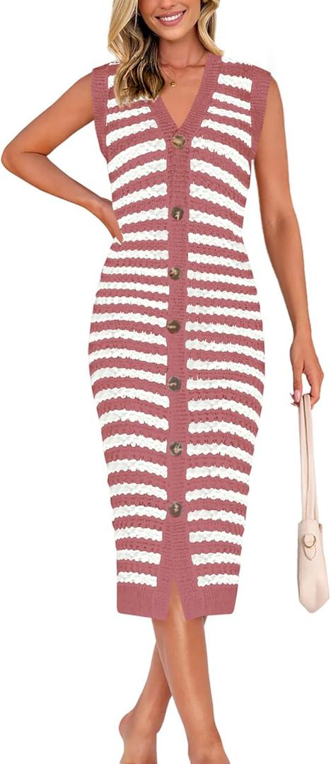 BTFBM Casual Women Spring Dresses 2025 Sleeveless Striped Midi Button Down Dress Ribbed Knit Cardigan Cover Up Dress (Pink, M)