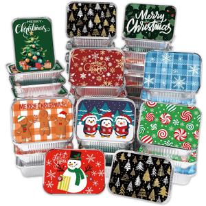 36PCS Christmas Foil storage Containers 9 Styles Merry Christmas Disposable Leftover Food Containers with Lids Aluminum Cookie Tin Pans for Winter Holiday Gift Giving Party Supplies(Style B) (Multicolor)