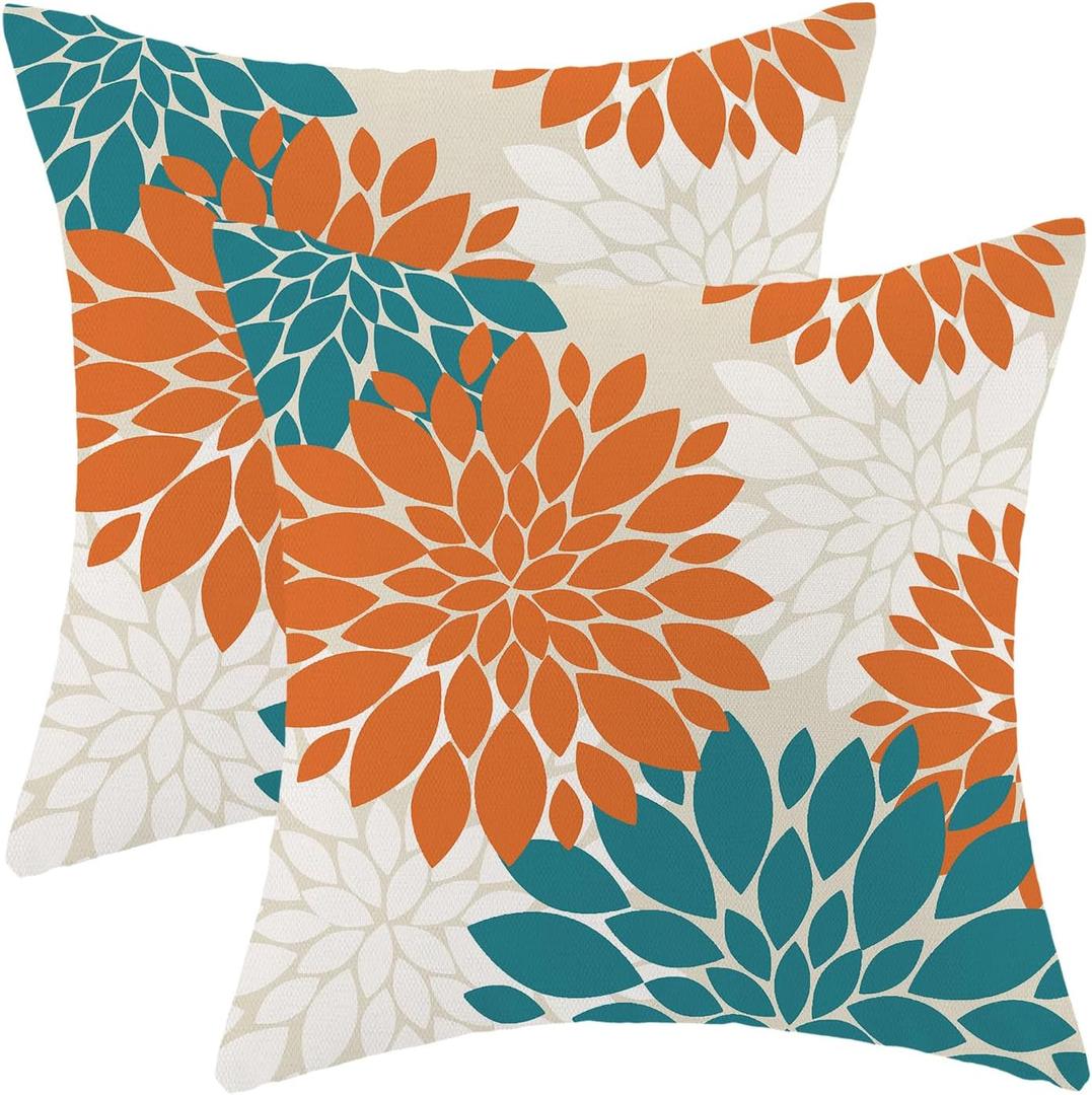 CXMEIFLY Fall Burnt Orange Outdoor Pillow Covers 18x18 Inch Set of 2 Aqua Teal White Dahlia Floral Decor Throw Pillows Modern Geometry Flower Decorative Cushion Cases for Sofa Couch Bed Decorations