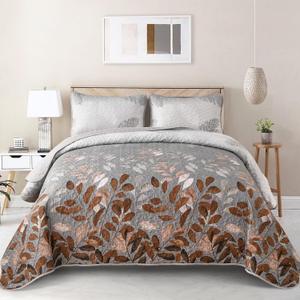 WONGS BEDDING Brown Floal Quilt Set Queen Size, 3 Pieces Bedspread Coverlet Set for All Season, Soft Microfiber Lightweight Floral Bedding Set Queen 96"x90"