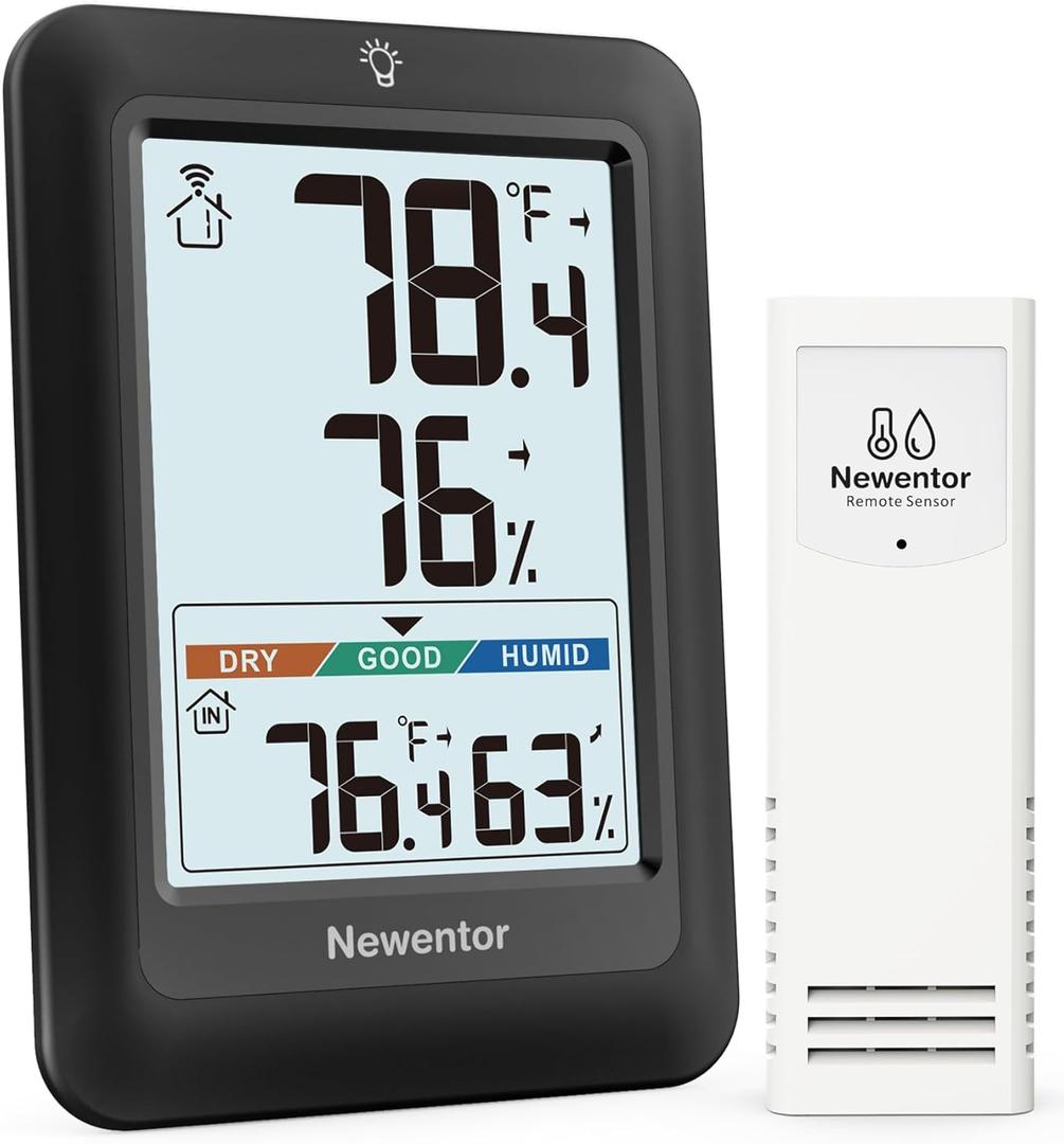 Newentor Indoor Outdoor Thermometer Wireless, Weather Stations Wireless Indoor Outdoor, Outdoor Thermometers for Patio House, Black with 1 Sensor