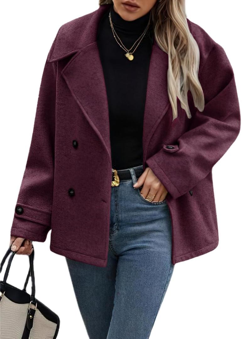 CHOUYATOU Women's Winter Loose Fit Cropped Wool Coat Double Breasted Dressy Short Blazer Jacket Peacoat (Medium, Burgundy)
