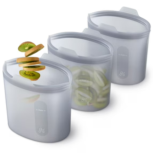 Greater Goods Silicone Storage Bag Reusable Food Storage Bag Silicone Snack Bag Pet Food Bag 32 oz 3pcs, Grey,  BPA Free Wide Base Stand-Upright Freezeable Microwaveable Dishwasher