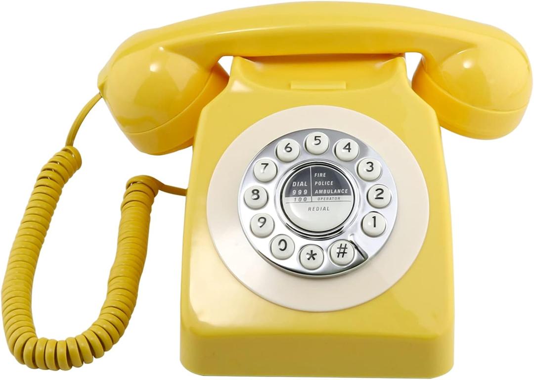 Sangyn Retro Landline Telephone Classic Vintage Corded Phone Old Fashioned Dial Button Desk Phone with Redial Function for Home Office (Yellow)