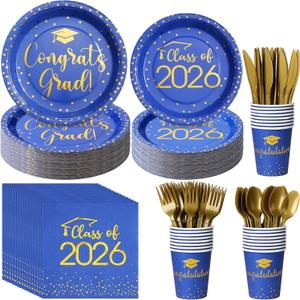 700pcs Class of 2026 Graduation Plates and Napkins Set, Disposable Paper Plate Set Polka Dots Napkins Cups Knife Fork Spoon for Graduation Party Decorations and Supplies,Serve 100 (Blue Gold