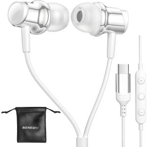 USB C Headphone for Samsung S25 S24 S23 Ultra FE S22 A55 A54 Wired Earbuds Magnetic in-Ear Type C Earphone with Mic Volume Control Stereo Noise Canceling Earbud for iPhone 17 Air 16 15 Pro Max Pixel 9 (White)