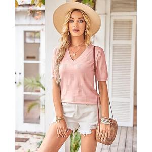 Arach&Cloz Women's Lightweight Fall Sweater Tops Casual Short Sleeve Blouses Shirts, L