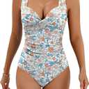 Eomenie Women's One Piece Swimsuit Tummy Control Slimming Push Up Bra Bathing Suits Wrap Twist 1 Piece Swimwear (Blue Floral Print)