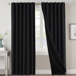 H.VERSAILTEX 100% Blackout Curtains for Bedroom with Black Liner Full Room Darkening Curtains 96 Inches Long Thermal Insulated Back Tab/Rod Pocket Window Drapes for Living Room, 2 Panels, Jet Black