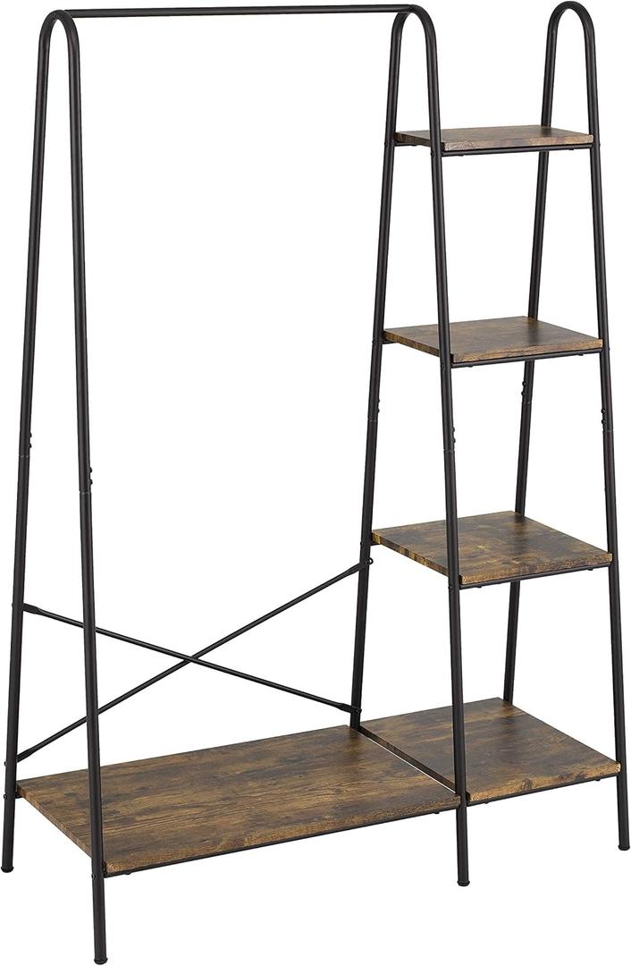 Finnhomy Rustic Clothes Rack, Clothing Rack for Hanging Clothes Heavy Duty Garment Rack with 5 Wood Shelves Freestanding Portable Closet Organizer for Bedroom/Entryway/BoutiquesMatte Black