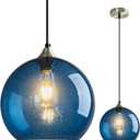 Blue Glass Pendant Lights Kitchen Island Lighting Globe Pendant Light Fixtures Modern Pendant Lighting for Kitchen Island Bedroom Living Dining Room Light Fixture(9.84in, 1-Pack)