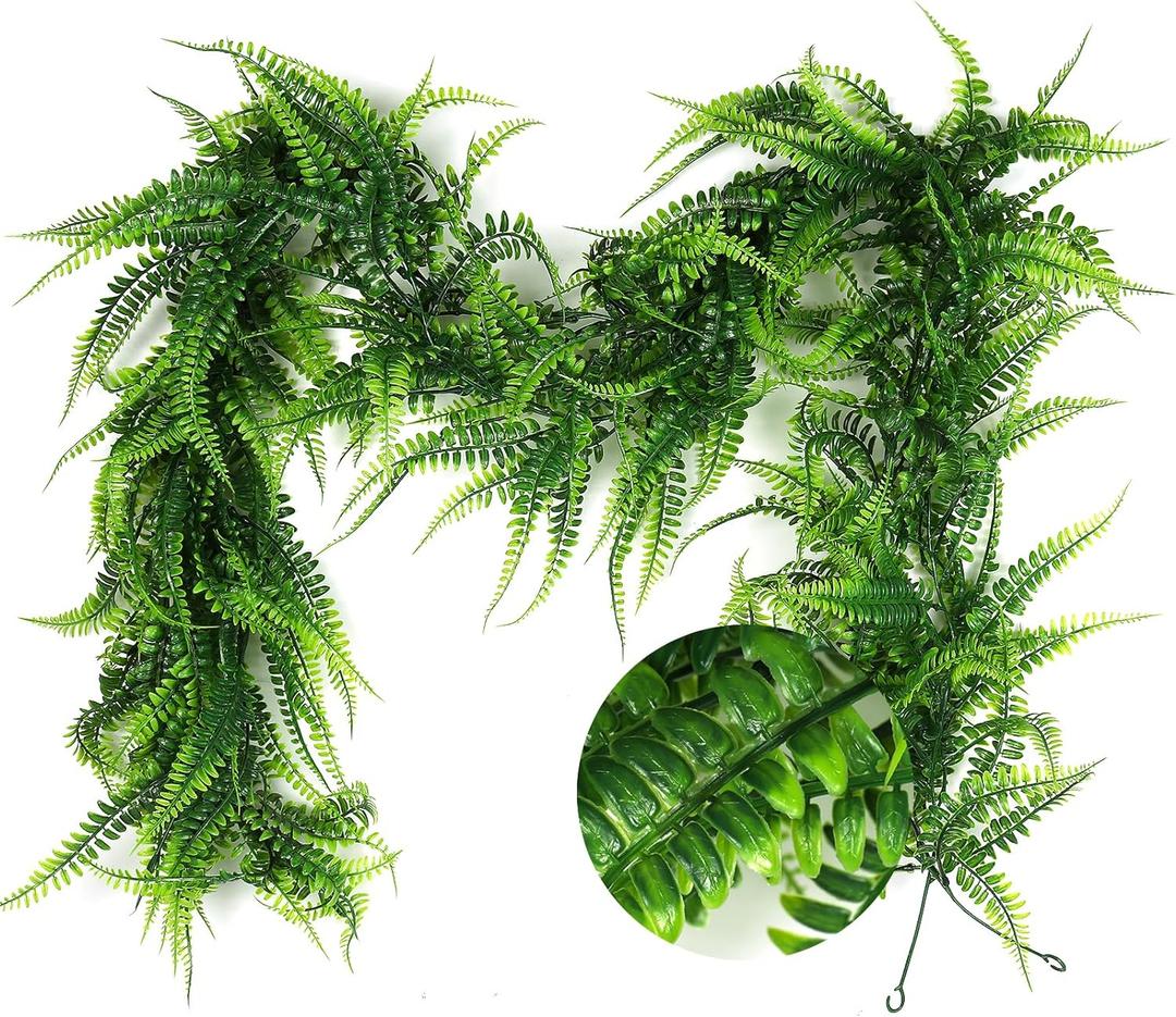 RECUTMS 2pcs Artificial Hanging Boston Ferns Garland Fake Hanging Plant 6 FT Greenery Leaves Ivy Garland Faux Ferns Fake Vines for Spring Outdoor Indoor Home Garden Party Wall Easter Decor