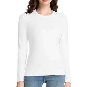 Slim Fitted Long Sleeve Shirts for Women Cotton Tee Tshirts Crewneck Undersrubs Plain Casual Undershirts Tops (Small, White)