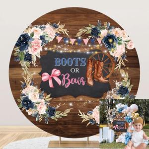 Boots or Bows Gender Reveal Round Backdrop Cover Cowboy Or Cowgirl Western Baby Shower Photography Background Rustic Wood Floral Boy or Girl Pregnancy Reveal Party Supplies Decorations 6.5ft