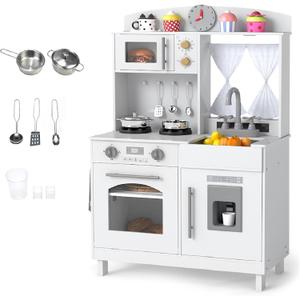 INFANS Kids Kitchen, Wooden Pretend Playset with Adjustable Heights Realistic Sounds Ice Maker Microwave Oven, Toddler Cooking Toy Gift for Boys Girls Aged 3+