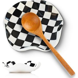 Spoon Rest for Stove Top, 5in Checkered Spoon Holder Utensil Rest, Ceramic Spoon Rests for Coffee Bar, Kitchen Gadget Cooking Gift for Housewarming
