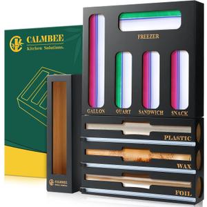 Calmbee 9 in 1 Bamboo Storage Bag Organizer for Kitchen Drawer Plastic Wrap Dispenser with Cutter & Foil Organizer, Wooden Baggie Organizer for Sandwich, Snack, Gallon, Quart Sizes, Black