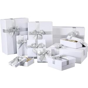 Tenceur 6 Pcs Gift Boxes with Lids Heavy Duty Nested Assorted Sizes Cardboard Gift Boxes for Presents with Ribbon for Xmas Holiday Present(White,5 Size)