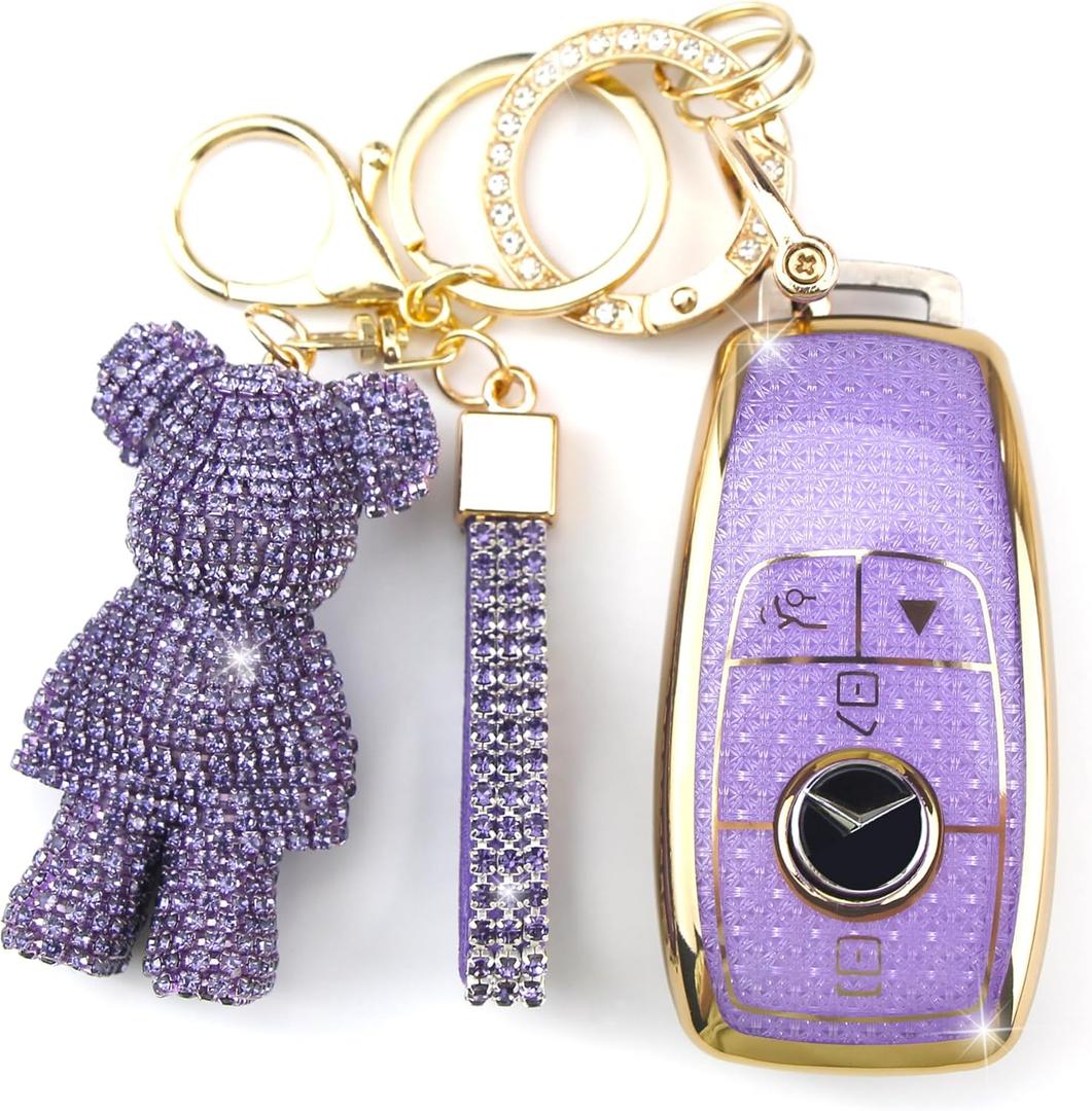 Rayslesan Cute Key Fob Cover with Rhinestone Bear Charm, Bling TPU Smart Key Case for Women, Compatible with Benz A C E S G GLA GLC GLE GLS CLA CLS GT (4-Button, Purple-Gold)