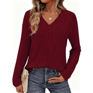 PRETTYGARDEN Fall Fashion 2026 Long Sleeve Shirts for Women Ribbed Knit V Neck Dressy Casual Lightweight Sweaters Tunic Tops (Red, S)