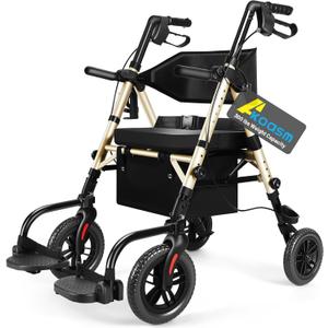 Foldable Rollator Walker for Seniors with Seat, Lightweight 2 In 1 Rolling Walkers Wheelchair Combo for Adult, Transport Chair with Brakes, Adjustable Seat & Handle, 300 Lb. Weight Capacity, Champagne