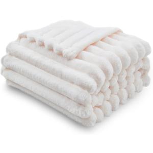 NEWCOSPLAY Super Soft Throw Blanket Ivory Premium Silky Flannel Fleece 3D Ribbed Jacquard Lightweight Bed Blanket All Season Use (Ivory Ribbed, Throw(50"x60"))