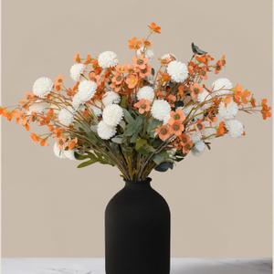 RyddeligHome Artificial White Kiku & Orange Wax Flowers, Bulk Silk Flowers with Long Stems for Vases, Spring Floral Stems Arrangements for Home Decor, Centerpieces for Tables, Rustic Decorations (Orange Wax+kiku)