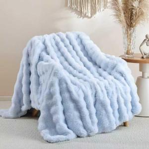 Smoofy Faux Fur Throw Blanket for Couch Rabbit Fleece - Light Blue Fluffy Blanket for Sofa Bedroom Living Room, Cozy Soft Plush Luxury Thick Winter Fuzzy Comfy Bubble Blanket - 50" x 60"