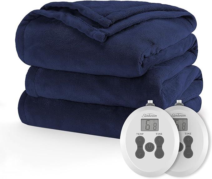 Sunbeam Royal Luxe Microplush Heated Electric Blanket Twin Size, 84" x 62", 12 Heat Settings, 12-Hour Selectable Auto Shut-Off, Fast Heating, Machine Washable, Warm and Cozy, Orion Blue