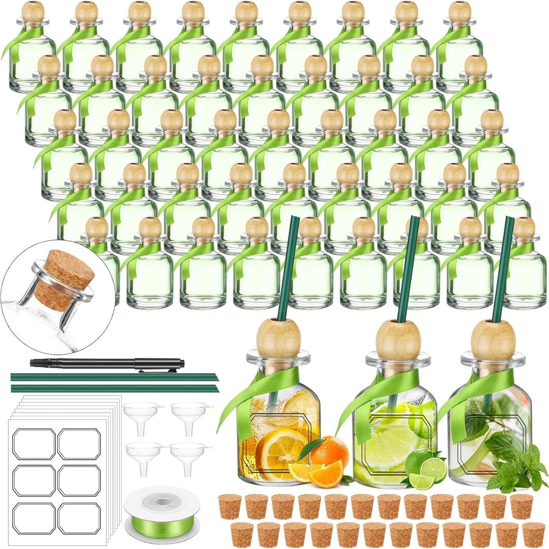 Hushee 48 Pcs Shot Glasses Patron Bottles with Cork Straw 1. 7 oz Mini Empty Tequila Bottles for Drinks Small Reusable Clear Glass Patron Shot Cups with Silk Ribbon Wedding Party Favors (50ml) (Green)