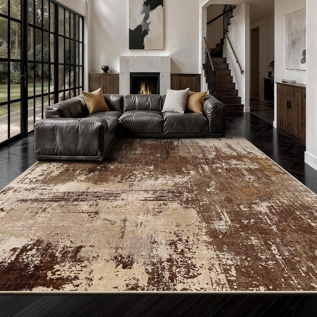 Yarooge 8x10 Rugs for Living Room - Modern Abstract Low Pile Washable Rug, Ultra Soft Non Slip Large Rugs, Floor Carpet for Bedroom Dining Room Office Laundry Nursery Home(Brown)