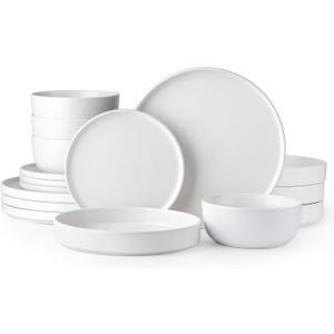 AmorArc Stoneware Dinnerware Sets with Pasta Bowl Set, Reactive Ceramic Plates and Bowls Set, Highly Chip and Crack Resistant | Dishwasher & Microwave Safe | Round Dishes Set Service for 4 (16pc) (Stoneware Matte White)