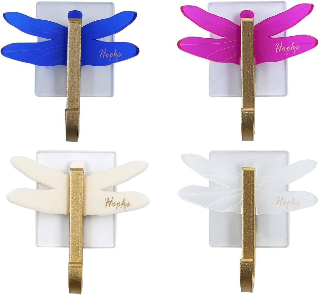 S.T.D Bathroom Hooks, for Hanging Clothes, Towel, Hat, Bags, Key, Coat, Miscellaneous, Hook - Dragonfly 4 Colors Acrylic (Frosted) Family Decor Self-dhesive Hanging Hook4Pack