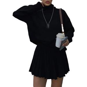 Mandonce Skirt Sets Women 2 Piece Outfits Turtleneck Oversized Sweater Sweatshirt and Pleated Mini Skirt Athleisure Set (Small, Black)