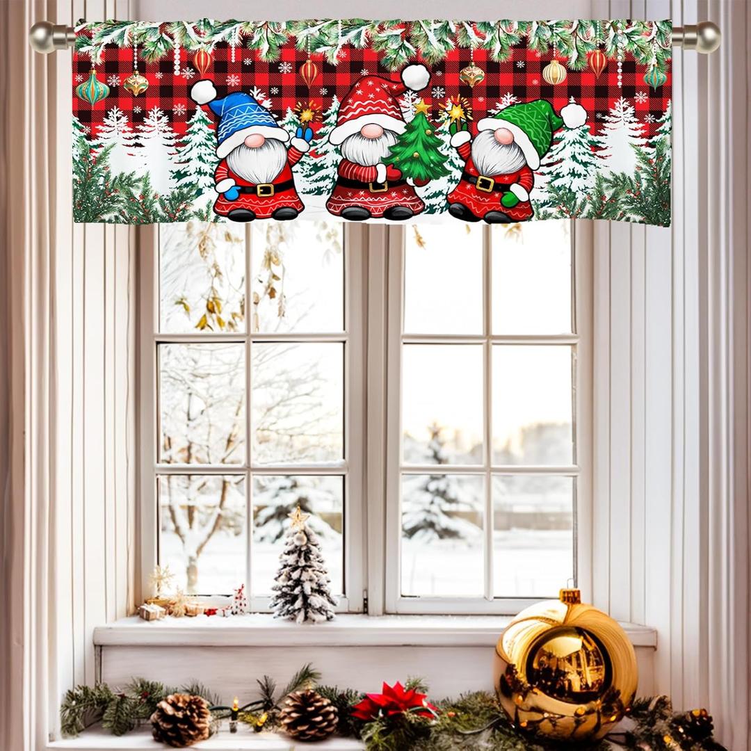2 x Gnome Christmas Curtains Valance, Christmas Window Valance Curtains, Christmases Decorations Kitchen Window Decor, Red Xmas Tree Short Curtain Drapes for Living Room Bedroom 51x18 in