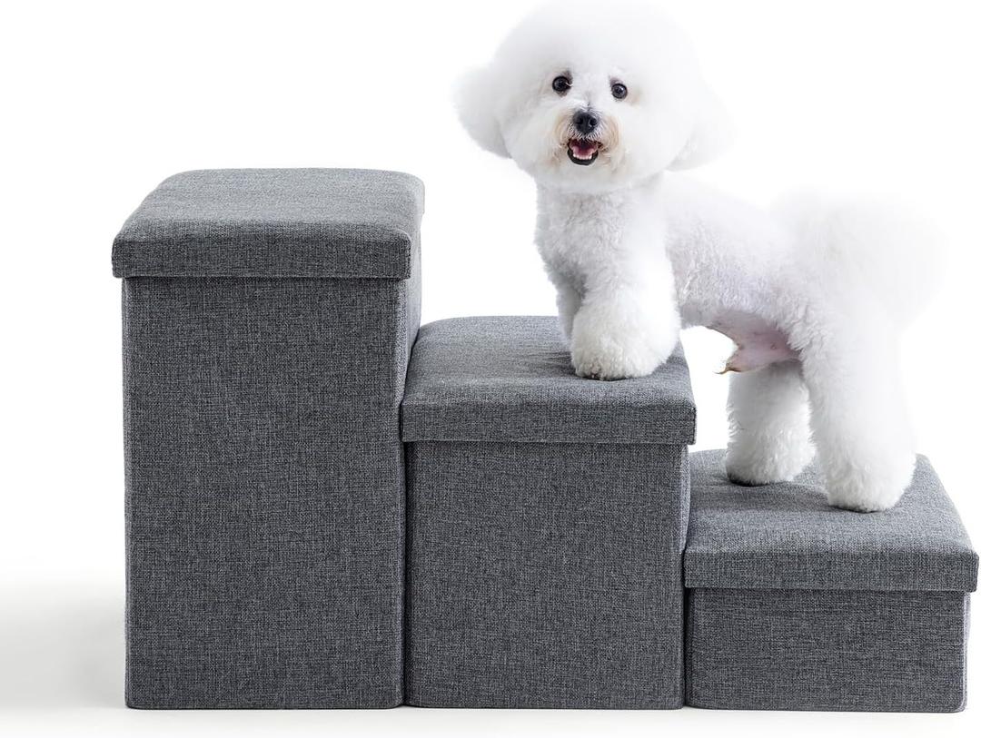 Dog Stairs with Storage, Foldable Dog Steps for Bed, Non-Slip Pet Steps for Small Dogs, Collapsible Sturdy Pet Ramp for Small or Large Dogs, Hold Up to 200 lbs (28.5x17x16.5 inch, Grey, 3)
