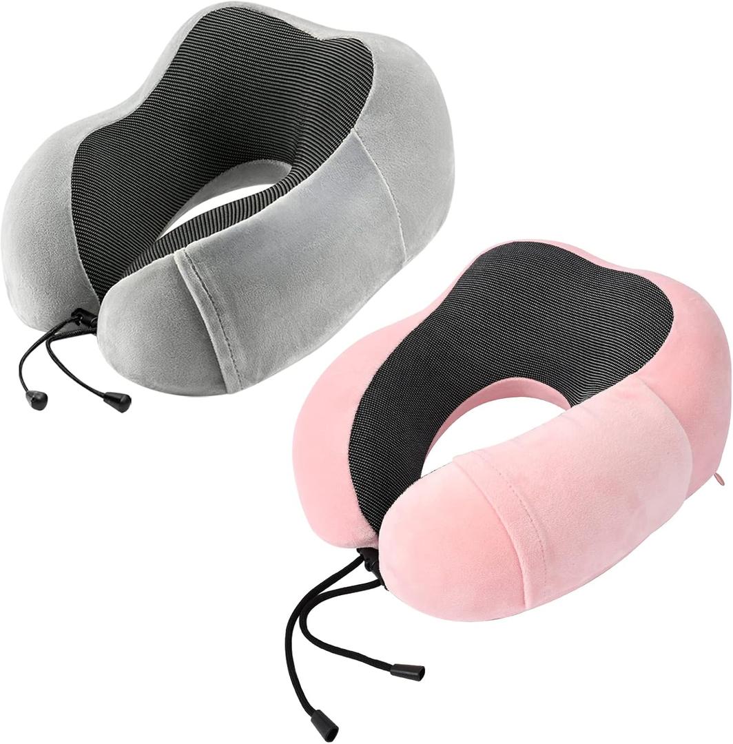 Urnexttour Neck Pillow Airplane-2 Pack Memory Foam Travel Pillow, Soft Support Travel Neck Pillow for Travelling, Sleeping Rest, Car, Train and Home Use (Grey&Pink)