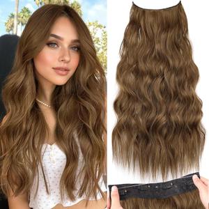 2 x KooKaStyle Invisible Wire Hair Extensions with Transparent Wire Headband Adjustable Size 4 Secure Clips Long Wavy Hairpiece 24 Inch 10/12B#COCOA# for Women