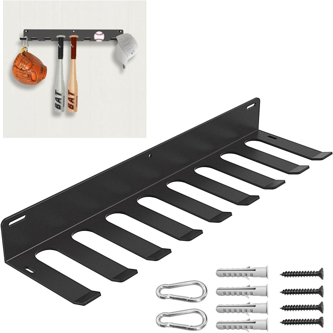 17-inch Wall Mount Baseball Bat Holder Rack - Holds 16 Bats, Heavy Duty Metal Hanger Softball Bat with M6 Screws & Safety Hooks for Dugout Fence, Garage, Gym Organization, Black Powder Coated