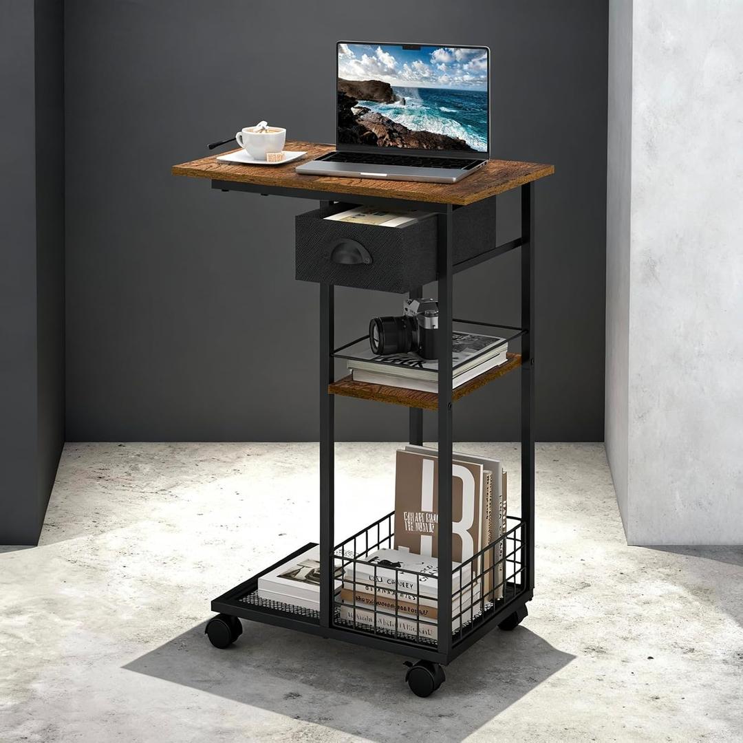 Hayexiha 3-Tier Side Table with Wheels and 360 Rotation, C Table with Drawer, End Table for Couch, Space Saving Small Desk for Narrow Space, TV Tray, Vintage Bedside Table for Living Room, Bedroom