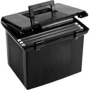 Pendaflex Portable File Box with File Rails, Hinged Lid with Double Latch Closure, Black, 3 Black Letter Size Hanging Folders Included (41742AMZ)