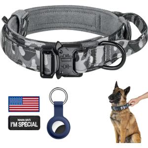 DAGANXI Tactical Dog Collar, Adjustable Military Training Nylon Dog Collar with Control Handle and Heavy Metal Buckle for Medium and Large Dogs, with Patches and Airtags Case (XXL, Camo)