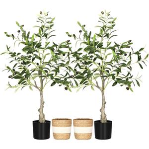 Riceshoot 2 Packs Artificial Olive Tree 3 ft Indoor Faux Olive Tree Tall Fake Silk Plant Potted with Handmade Woven Basket Arbol Artificial for Modern Home Office Living Room Garden Decor