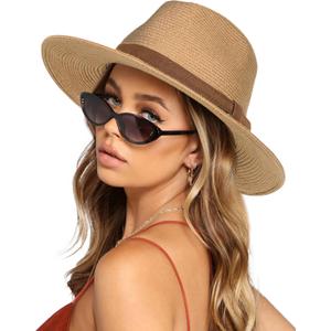 FURTALK Womens Mens Wide Brim Straw Panama Hat Fedora Summer Beach Sun Hats UPF Straw Hat for Women (Medium-Large, Khaki/Brown)