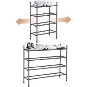 STORAGE MANIAC Expandable Shoe Rack, 16 Pairs Stackable Small Shoe Rack, Metal Adjustable Shoes Organizer for Closet, Entryway, Hallway, Garage, Front Door, Shoes Shelves, Black 4 Tier